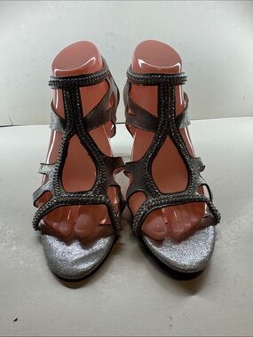 Ada Silver Beaded T-Strap Heeled Sandals